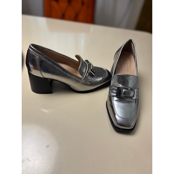 Alex Marie Silver Metallic Loafers with Black Heels, Size 7 - Picture 3 of 9